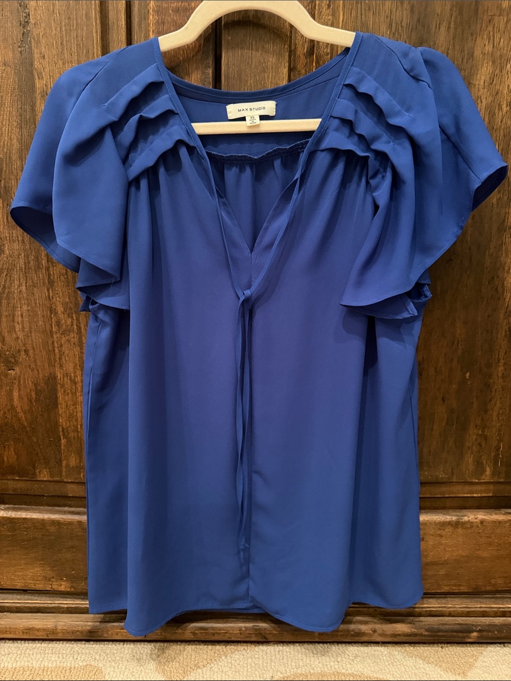 Max Studio Blue Ruffle Sleeve Tie-Front Blouse